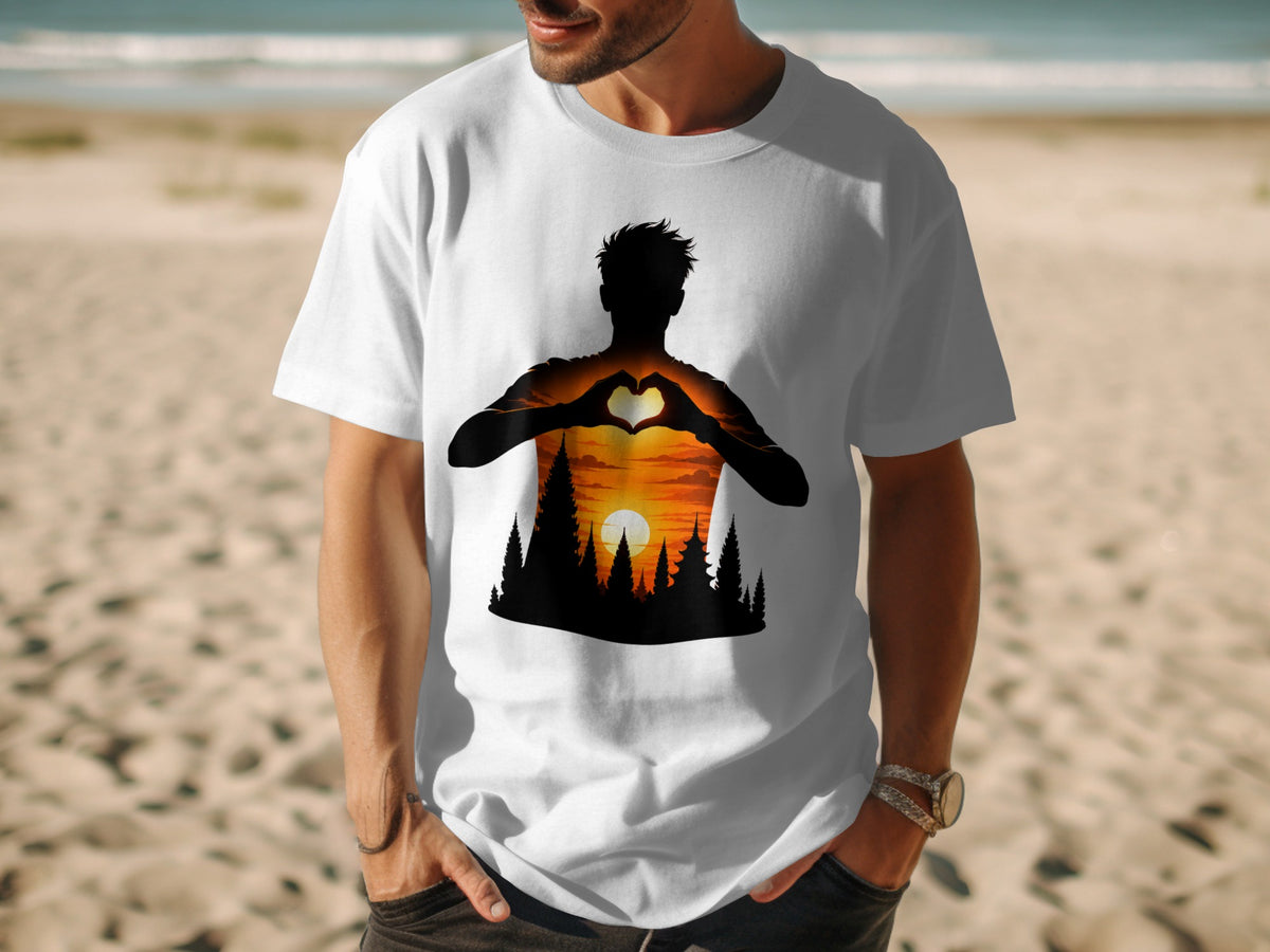 White t-shirt with silhouette of man forming heart over sunset forest landscape.