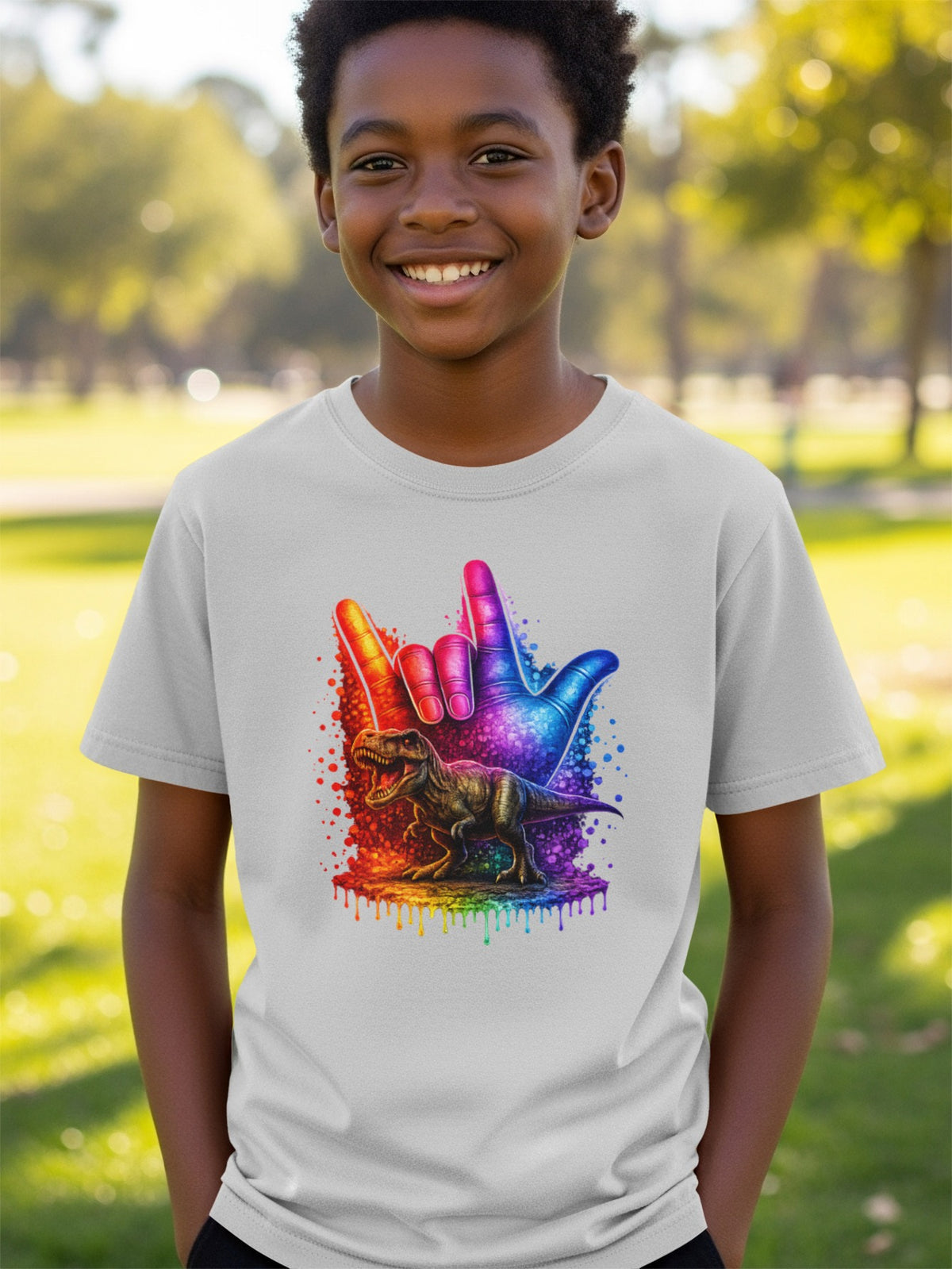 Boy in gray t-shirt with dinosaur and rainbow hand sign graphic.