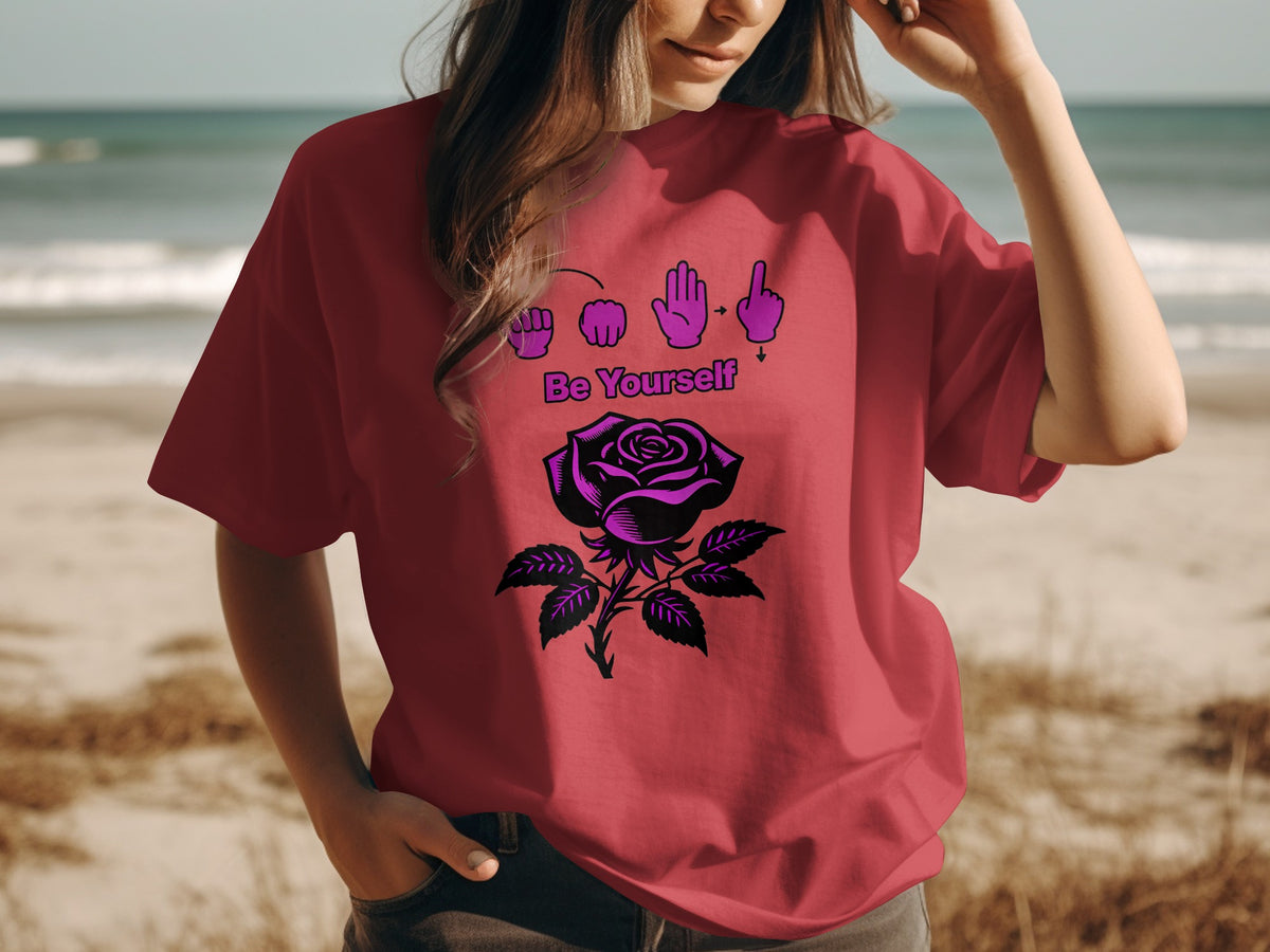 Red t-shirt with "Be Yourself" and a black rose design in purple.