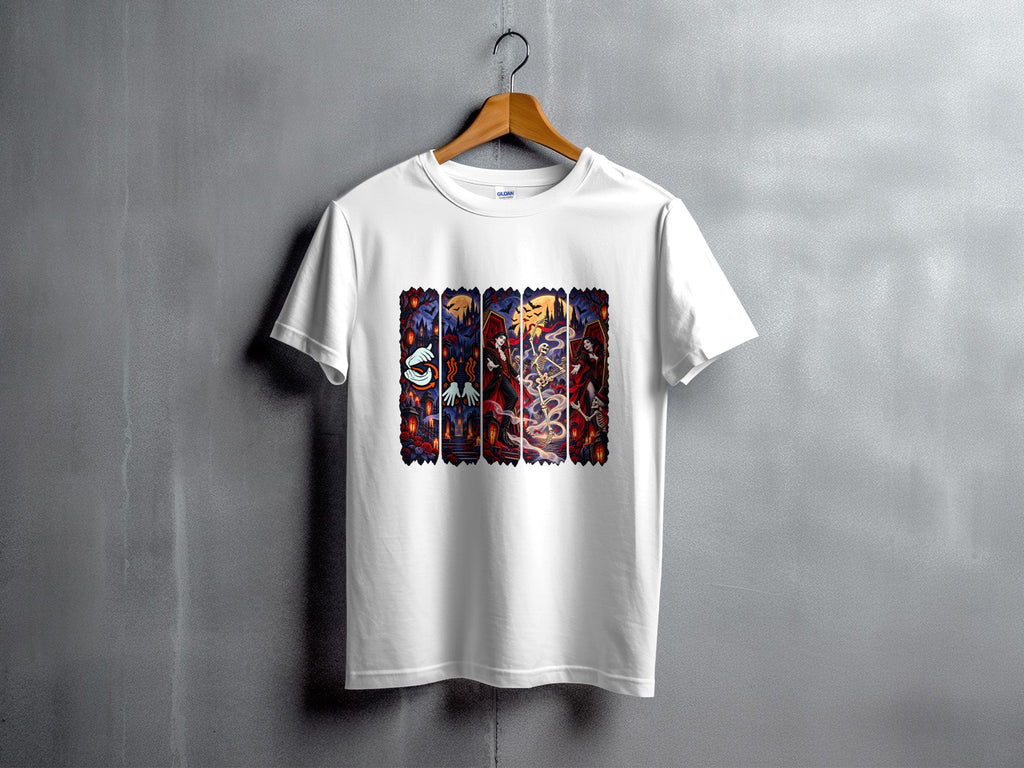 White t-shirt featuring a vertical, multi-panel design with gothic figures.