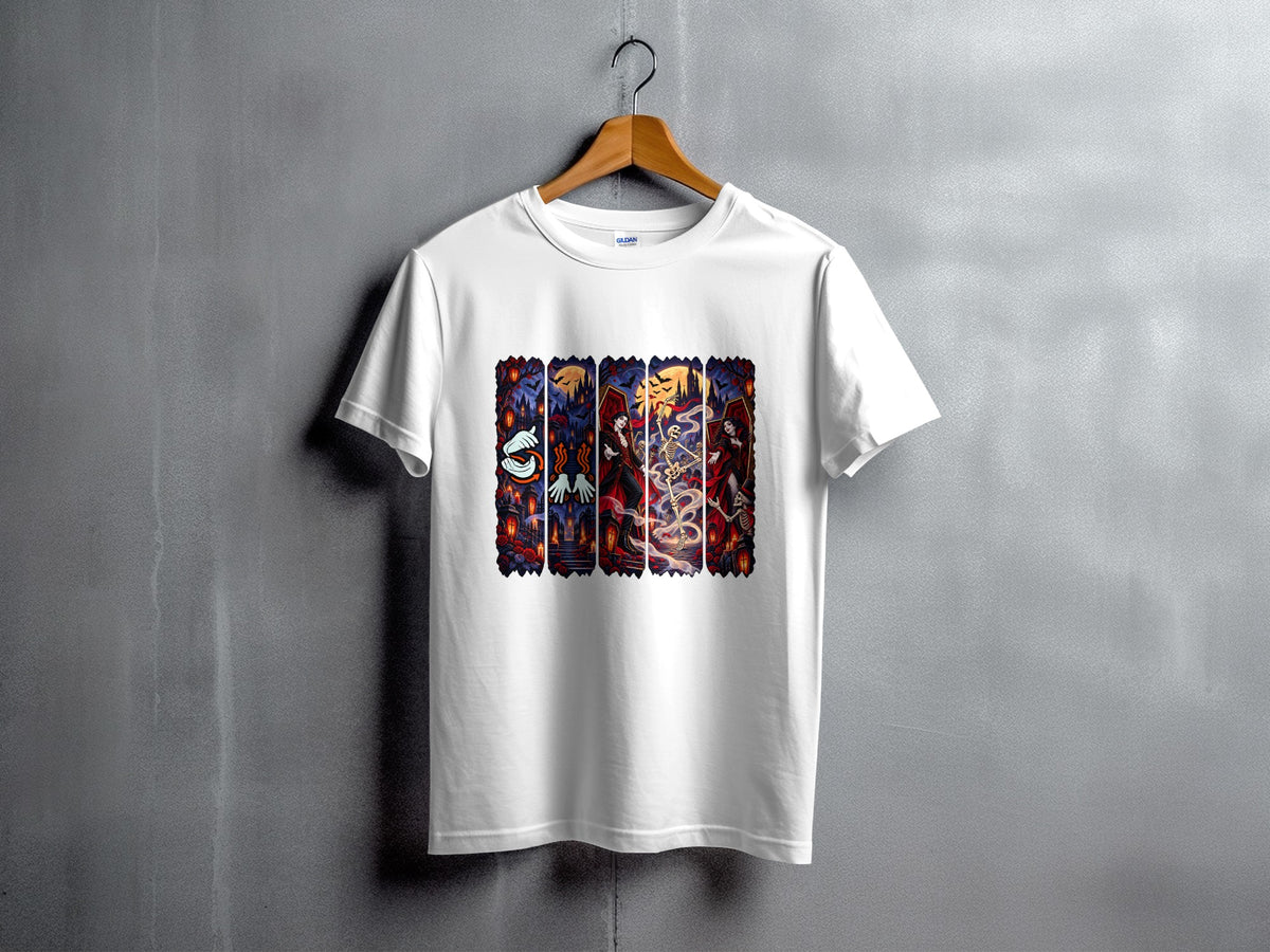 White t-shirt featuring a vertical, multi-panel design with gothic figures.
