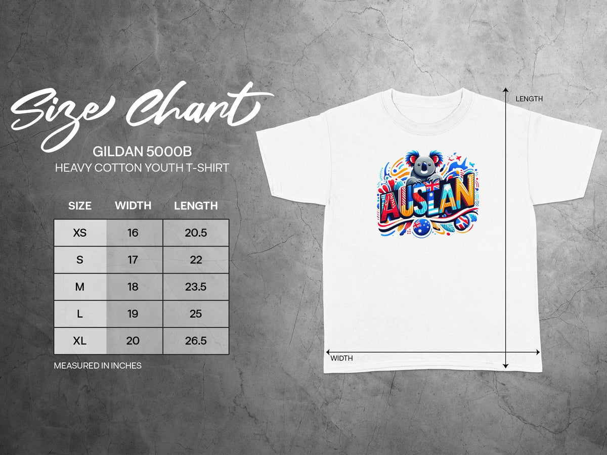Gildan 5000B youth t-shirt size chart with koala and "AUSEAN" graphic.