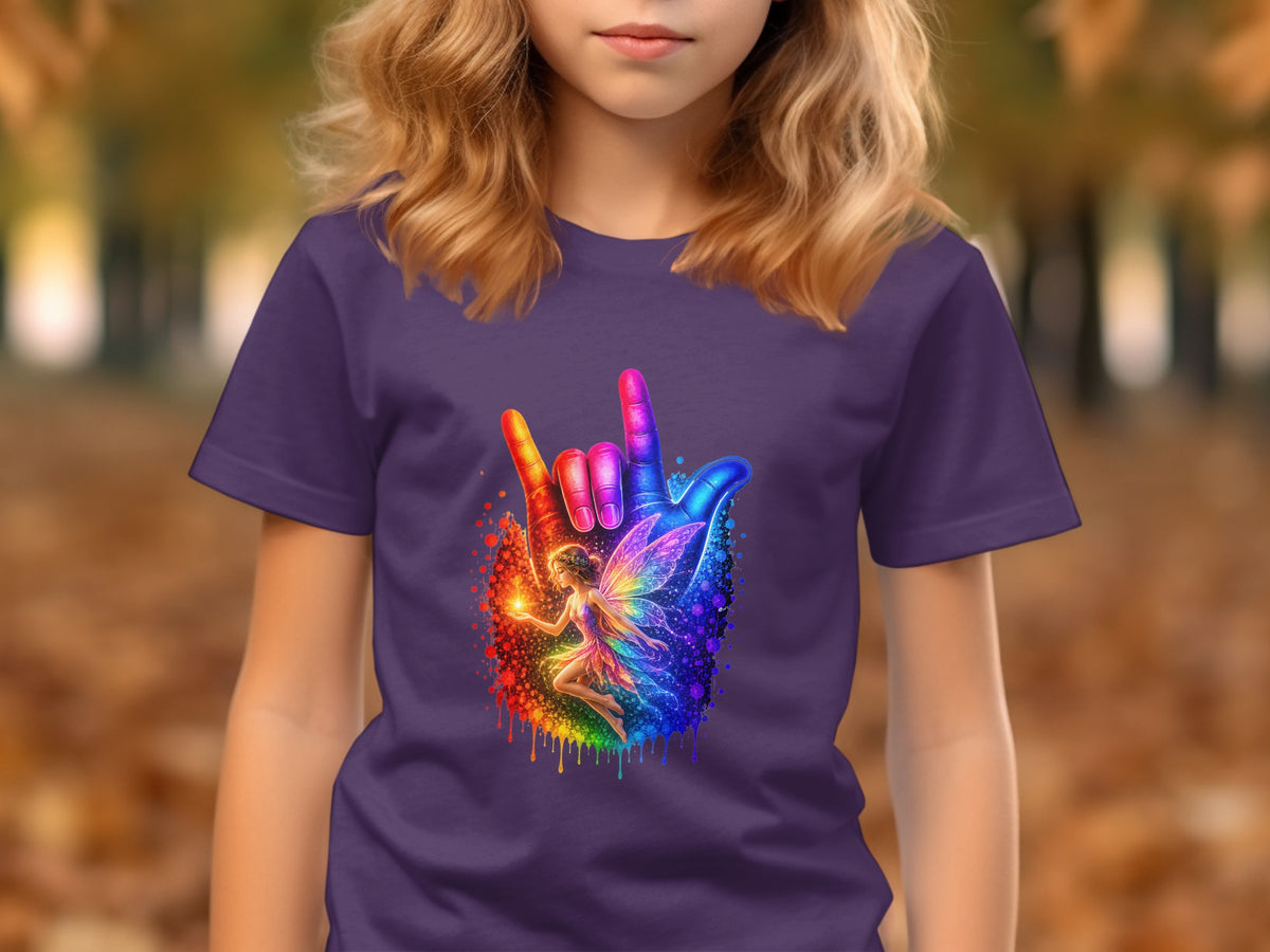 Purple t-shirt with a rainbow hand holding a fairy.