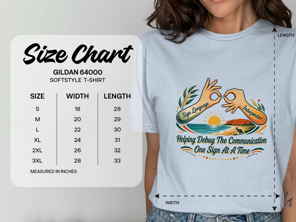 Gildan 64000 Softstyle t-shirt size chart with measurements for width and length.