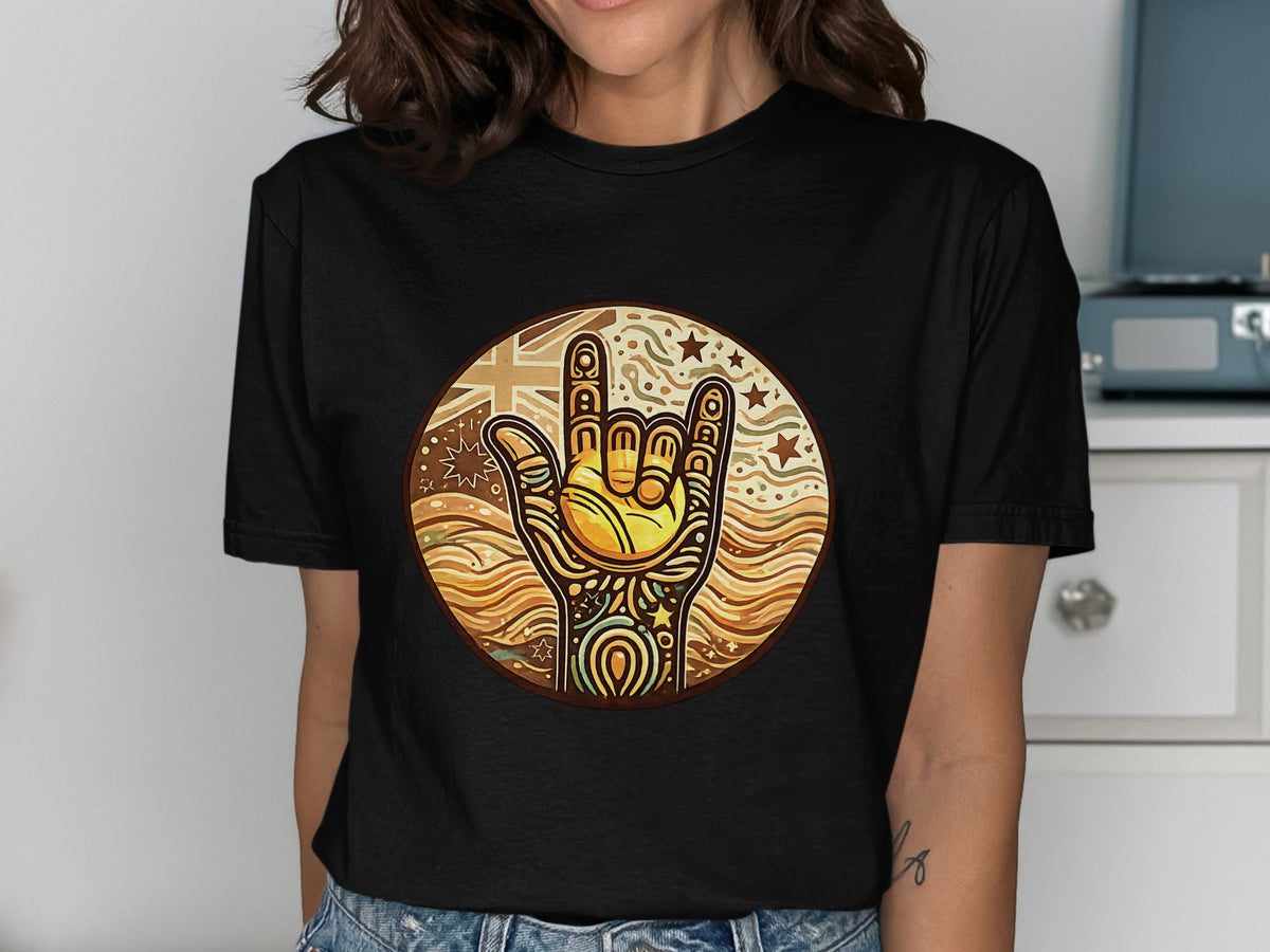 Black t-shirt featuring a circular graphic of a hand making the rock on gesture.