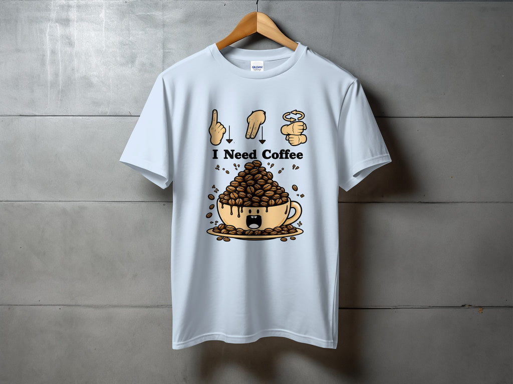 Light blue t-shirt with "I Need Coffee" and a cartoon coffee cup graphic.