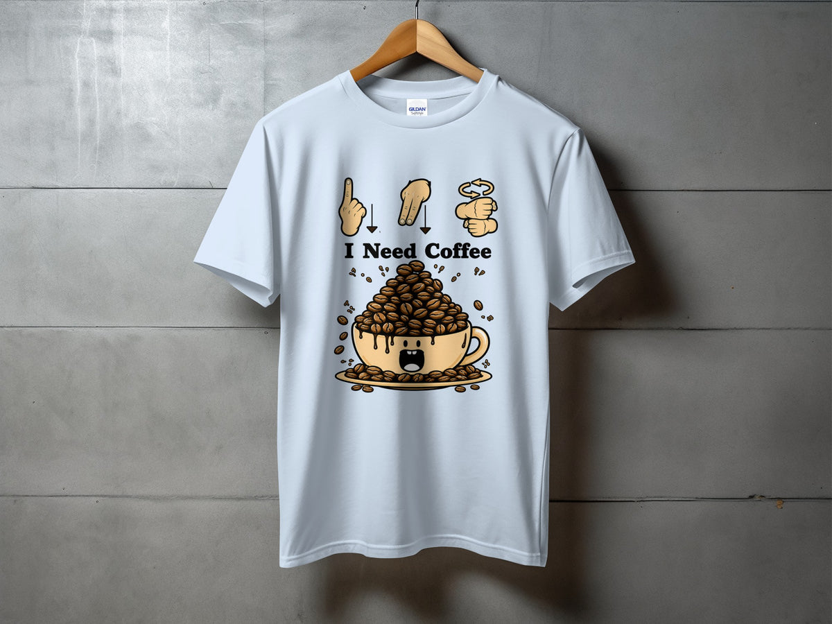 Light blue t-shirt with "I Need Coffee" and a cartoon coffee cup graphic.