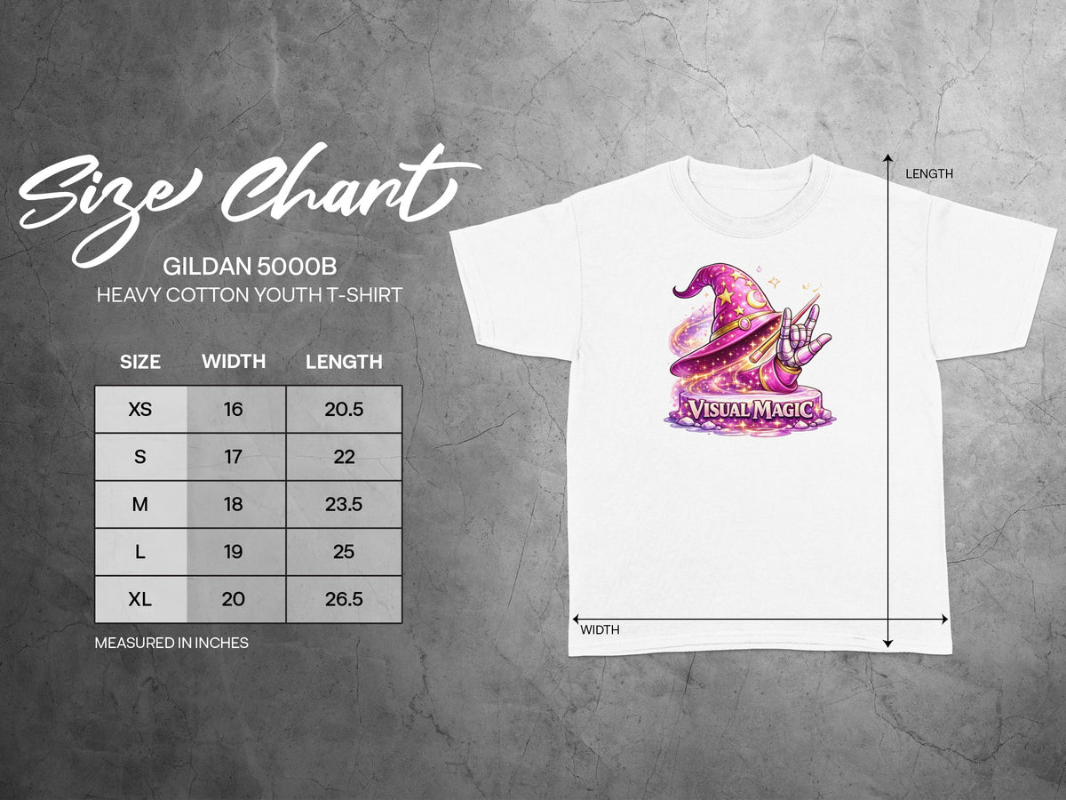 Gildan 5000B youth t-shirt size chart with width and length measurements in inches.