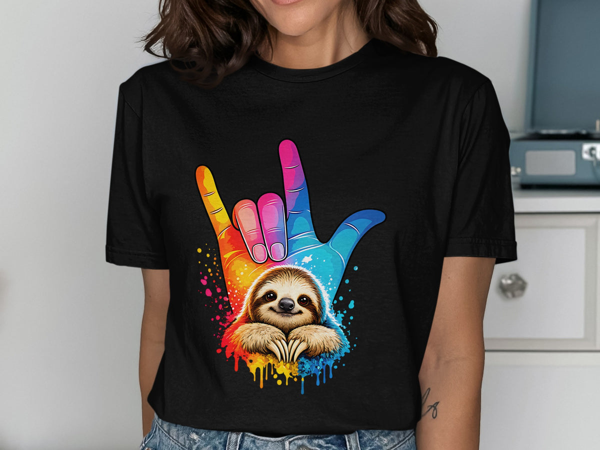 Sloth peeking from behind a colorful, abstract hand gesture on a black t-shirt.