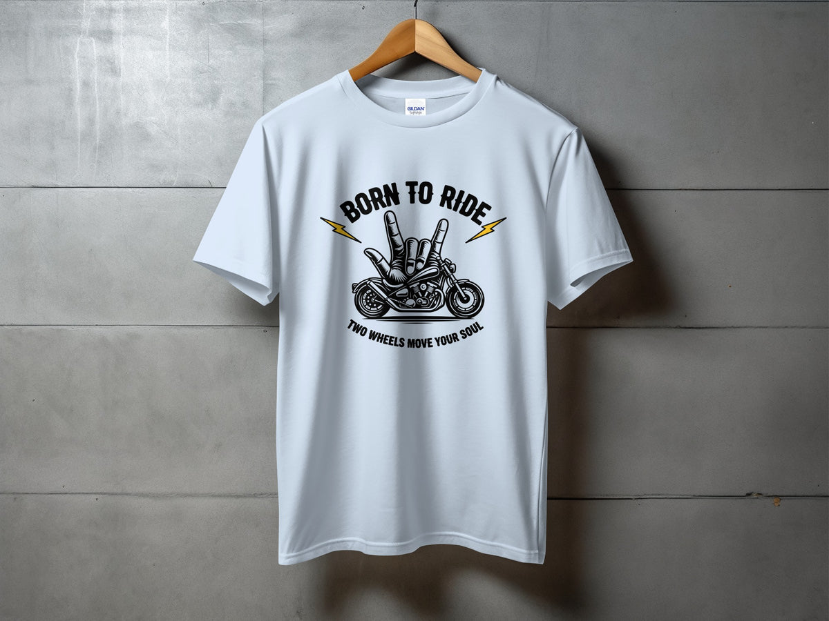 White t-shirt with "Born to Ride" text and motorcycle graphic.