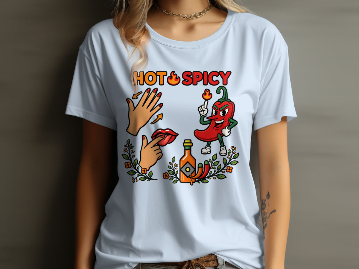 White t-shirt with "HOT & SPICY" text and cartoon chili pepper, lips, and hot sauce.
