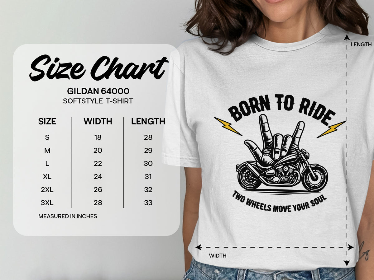 Gildan 64000 Softstyle t-shirt size chart with width and length measurements.