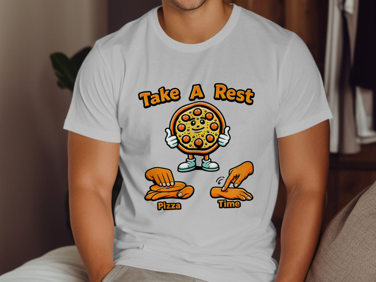 T-shirt graphic with pizza character and "Take A Rest Pizza Time" text.