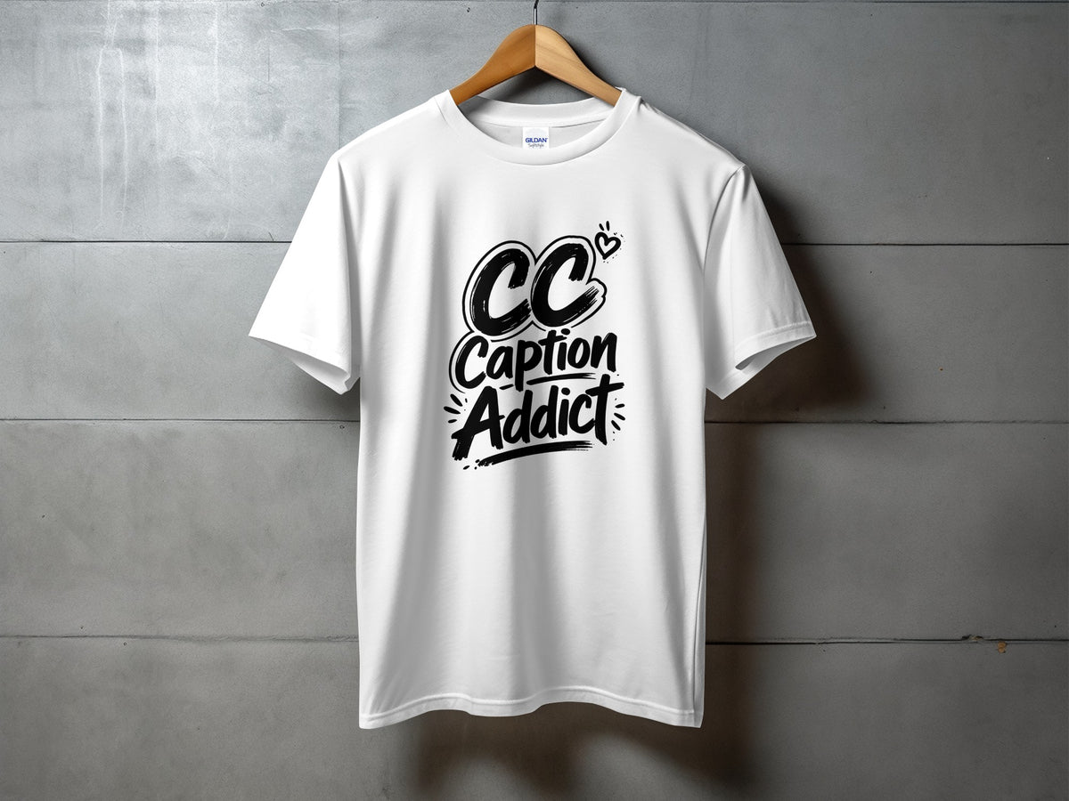 White t-shirt with black text that reads "CC Caption Addict" and a small heart.