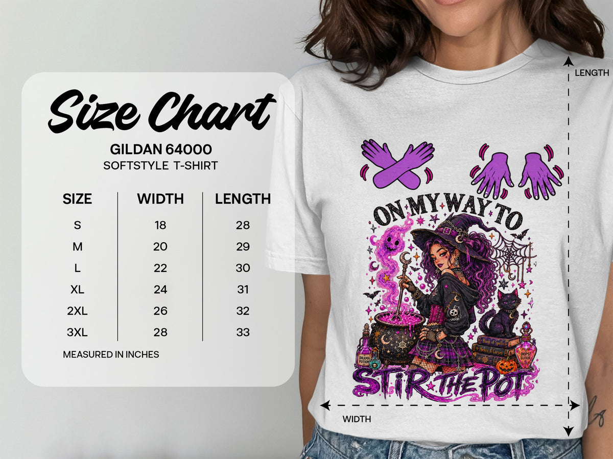 Gildan 64000 Softstyle t-shirt size chart with witch graphic and text "On My Way To Stir The Pot".