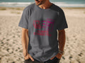 Dark grey t-shirt with pink graphic of a laptop and phone connected by arrows, reads "ALWAYS CONNECTED."