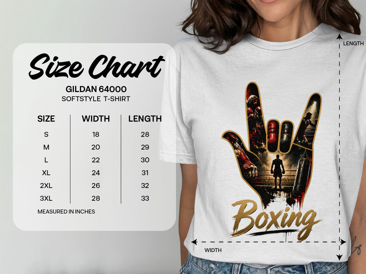 Gildan 64000 softstyle t-shirt size chart with boxing graphic.