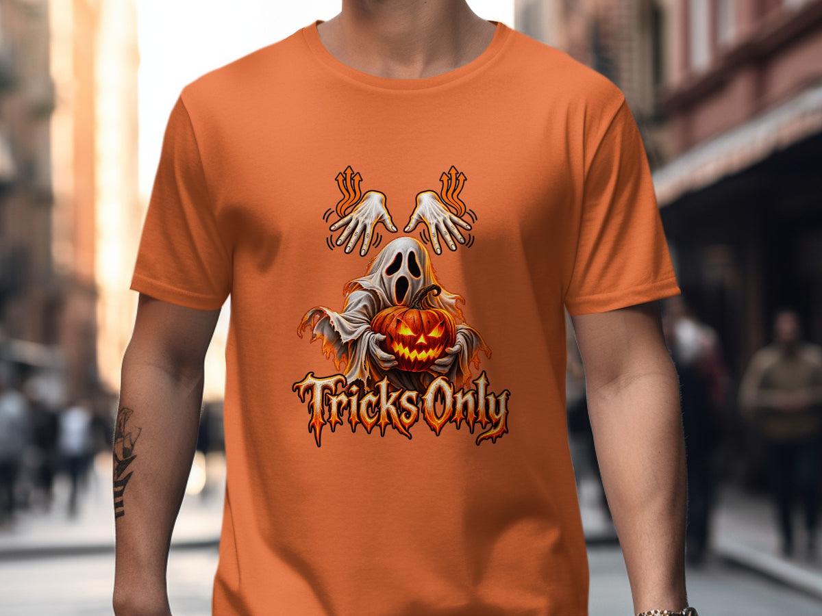 Ghost holding jack-o'-lantern with "Tricks Only" text.