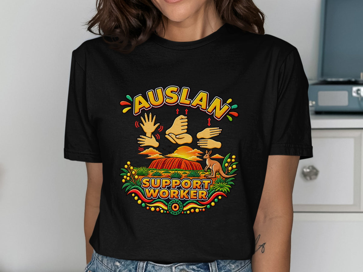 Black t-shirt with "Auslan Support Worker" text, Uluru, kangaroo, and hands signing.