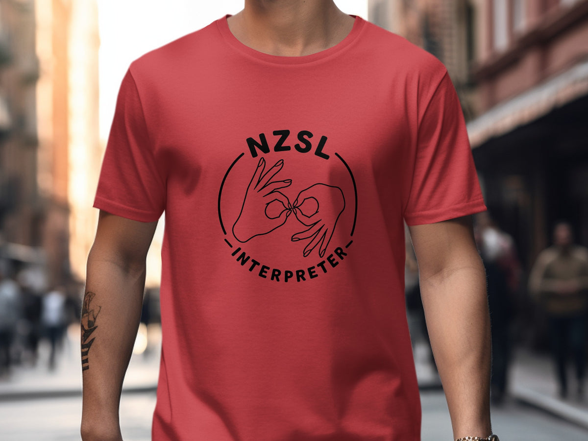 Red t-shirt with black NZSL Interpreter text and sign language hand graphic.