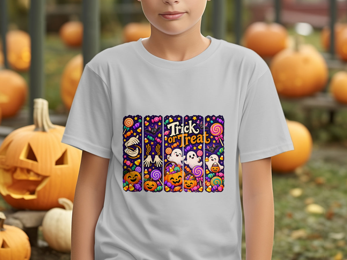 White t-shirt with Halloween "Trick or Treat" graphic featuring ghosts, pumpkins, and candy.