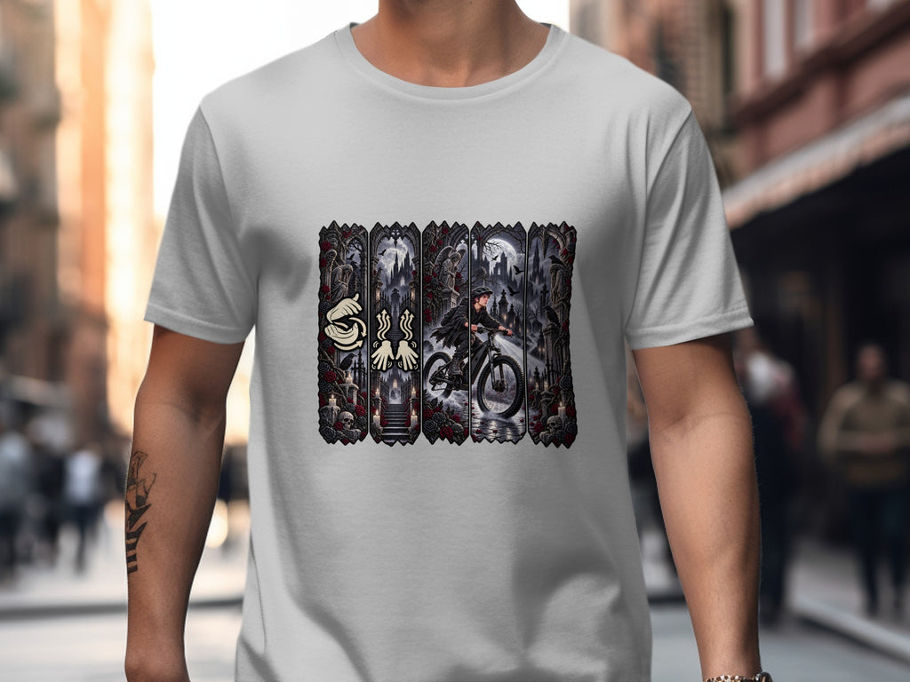 Graveyard scene with person on bicycle and gothic architectural elements.