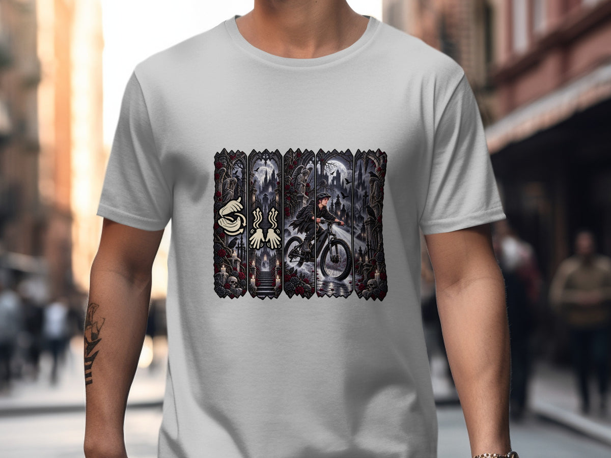 Graveyard scene with person on bicycle and gothic architectural elements.