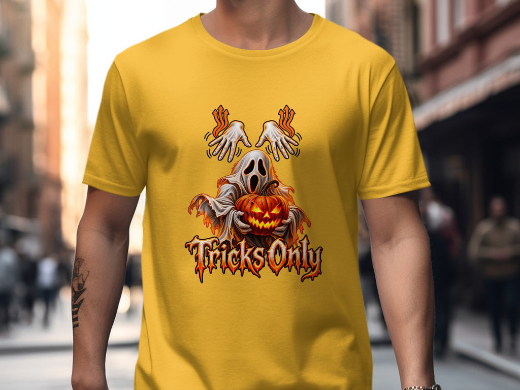Ghost holding jack-o'-lantern with "Tricks Only" text on yellow t-shirt.