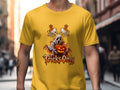 Ghost holding jack-o'-lantern with "Tricks Only" text on yellow t-shirt.