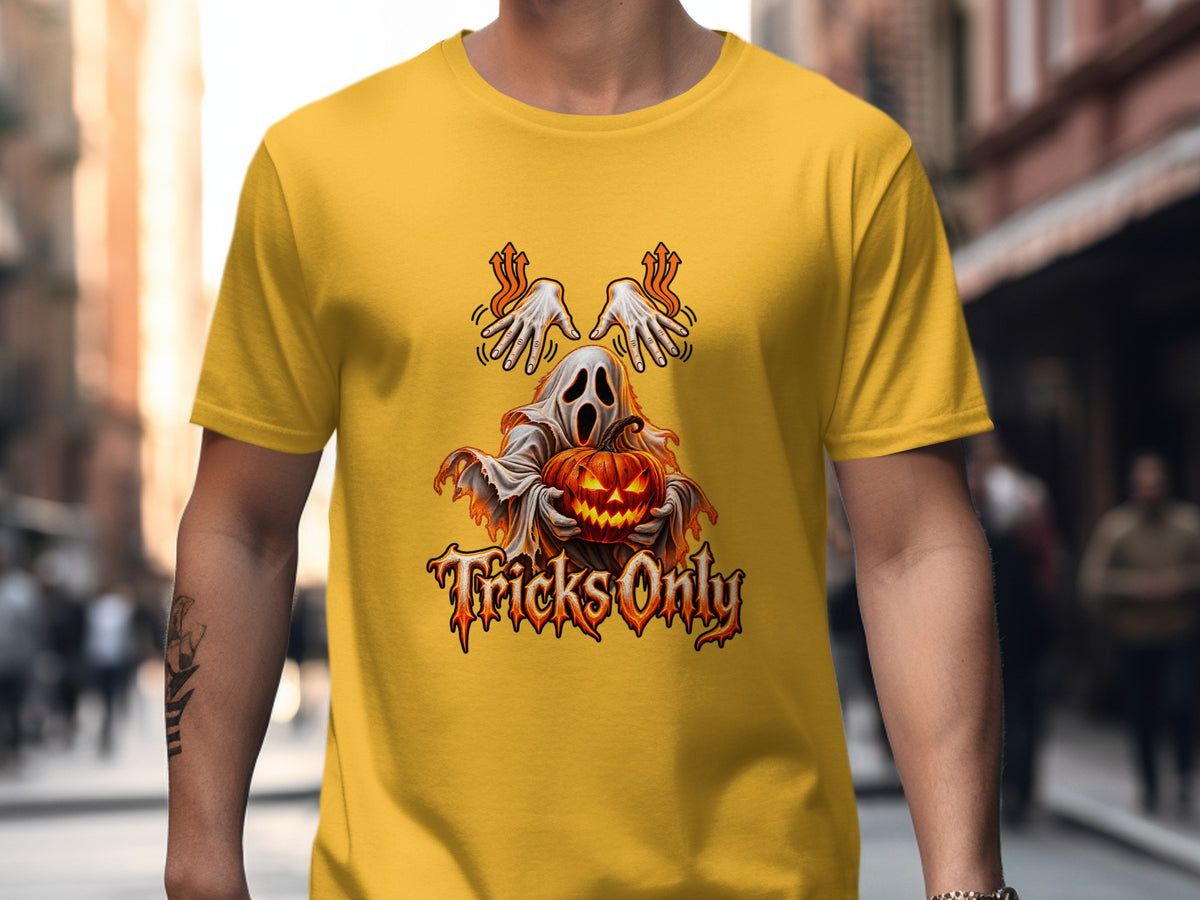 Ghost holding jack-o'-lantern with "Tricks Only" text on yellow t-shirt.