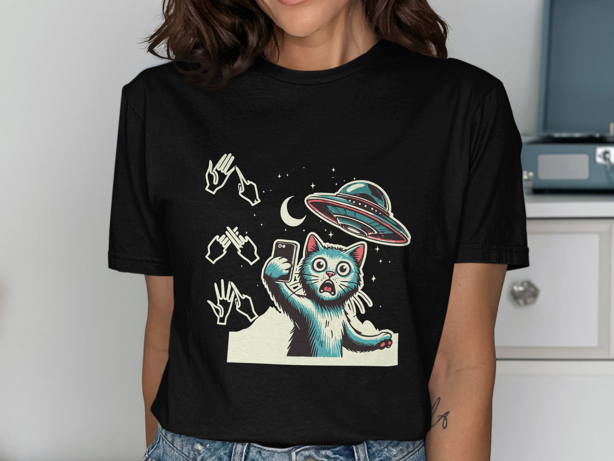 Cartoon cat taking selfie with UFO and moon, with hand signs.