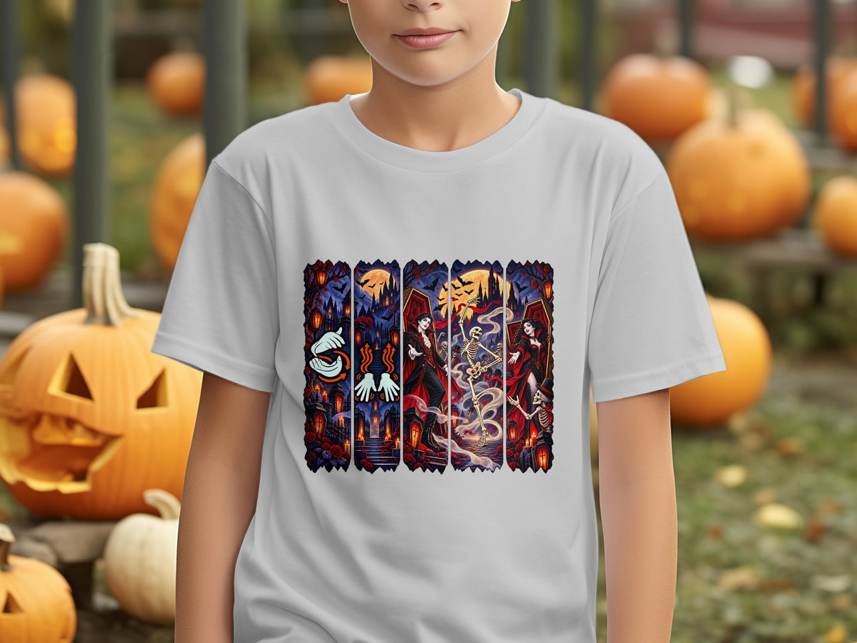 T-shirt with Halloween graphic featuring vampires, skeletons, and spooky scenes.