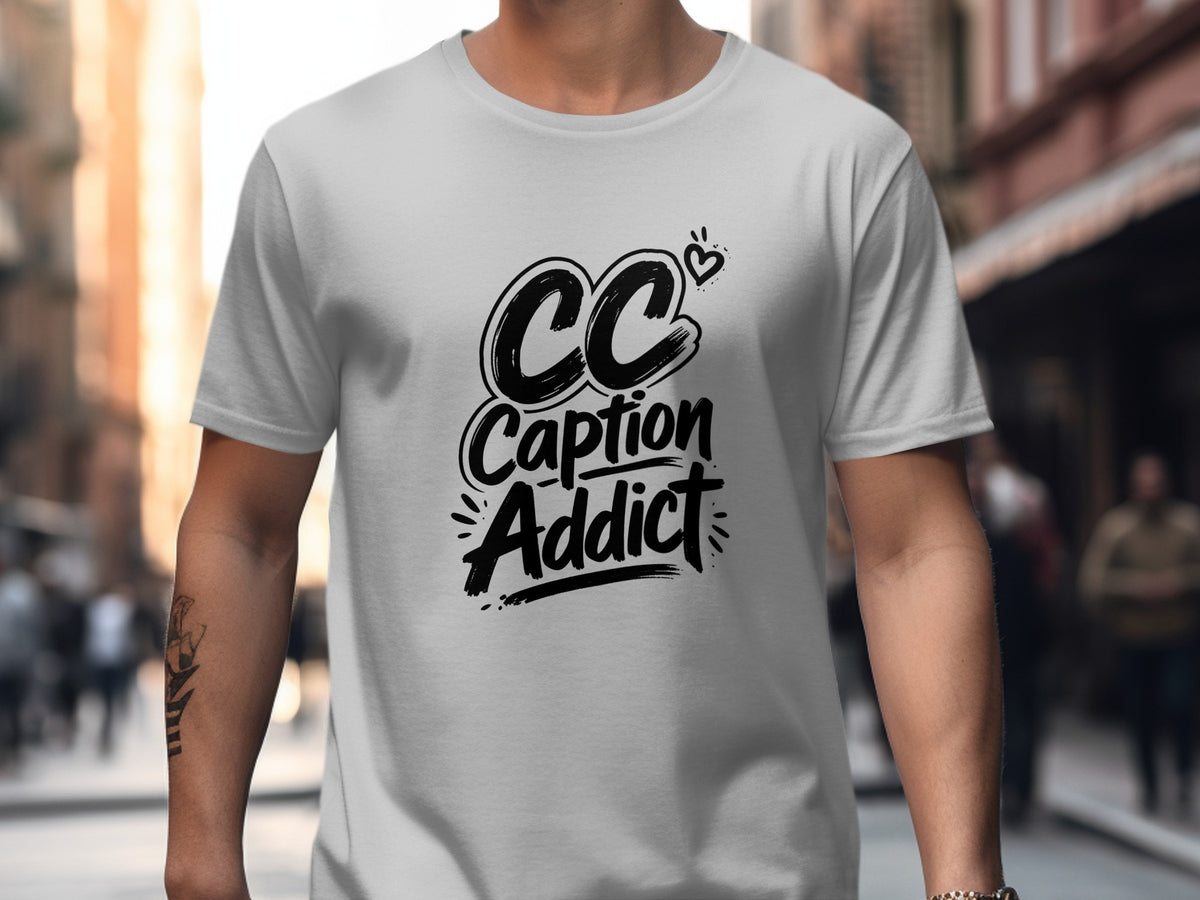 Grey t-shirt with black text "CC Caption Addict" and a small heart.