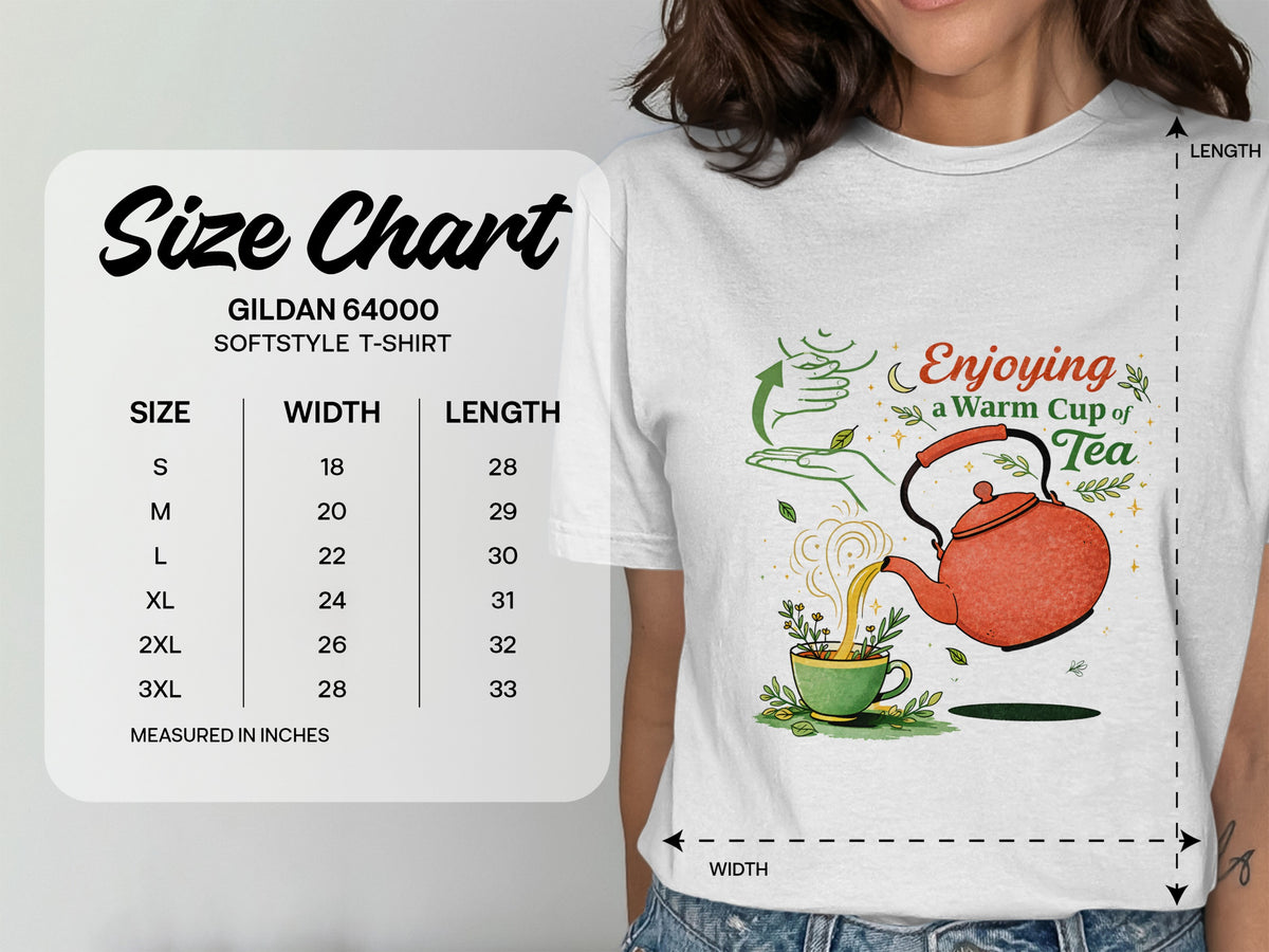 Gildan 64000 Softstyle t-shirt size chart with width and length measurements in inches.
