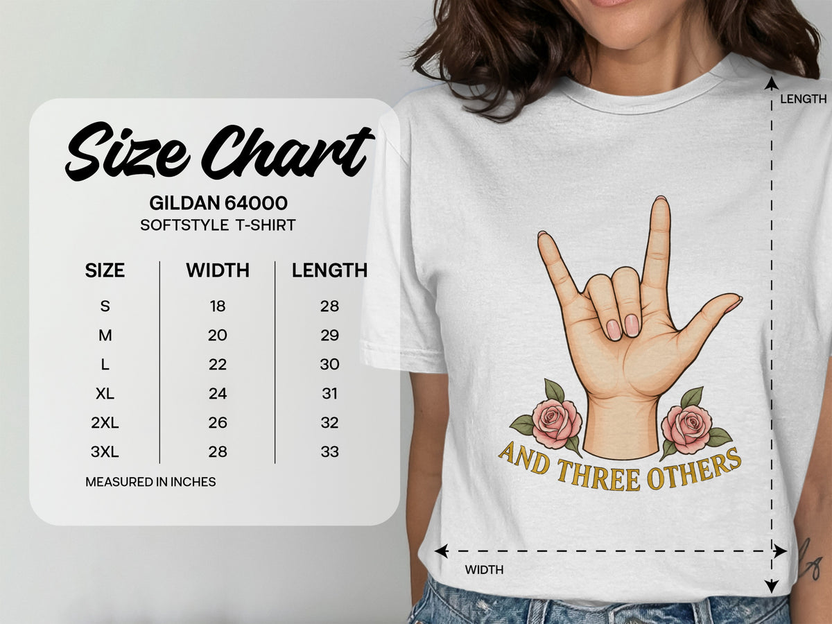 Gildan 64000 Softstyle t-shirt size chart with hand sign and roses.