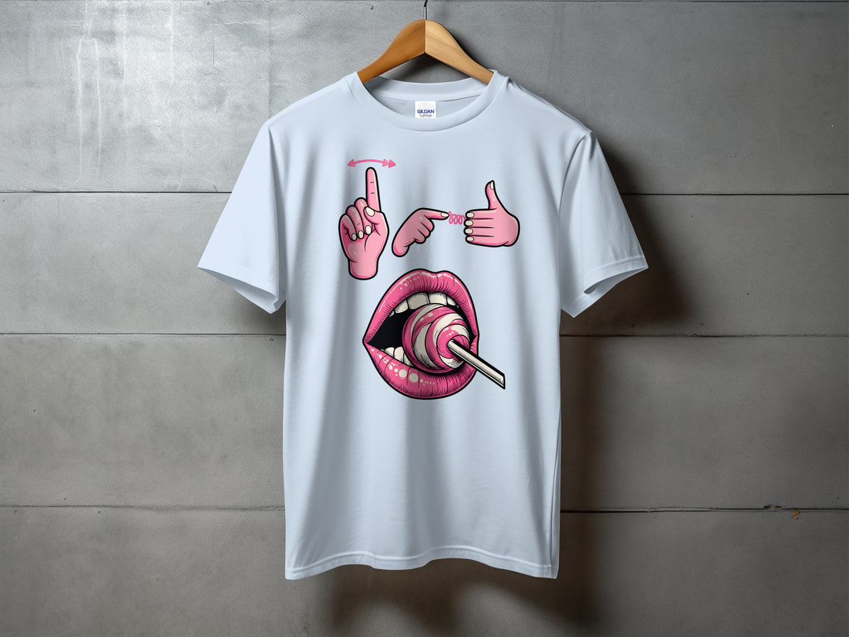 White t-shirt with pink cartoon lips and a lollipop on the front.