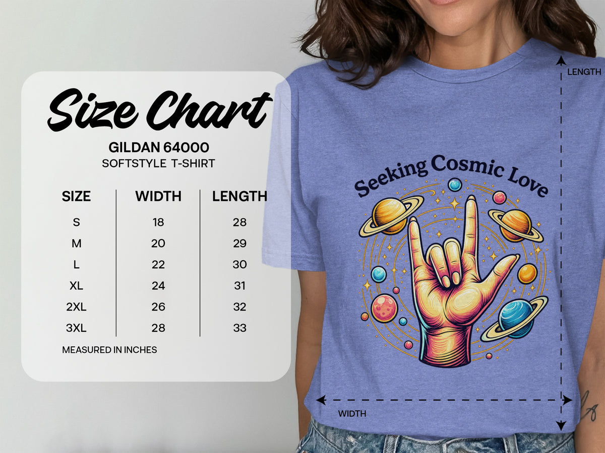 Size chart for Gildan 64000 Softstyle T-Shirt showing measurements in inches.