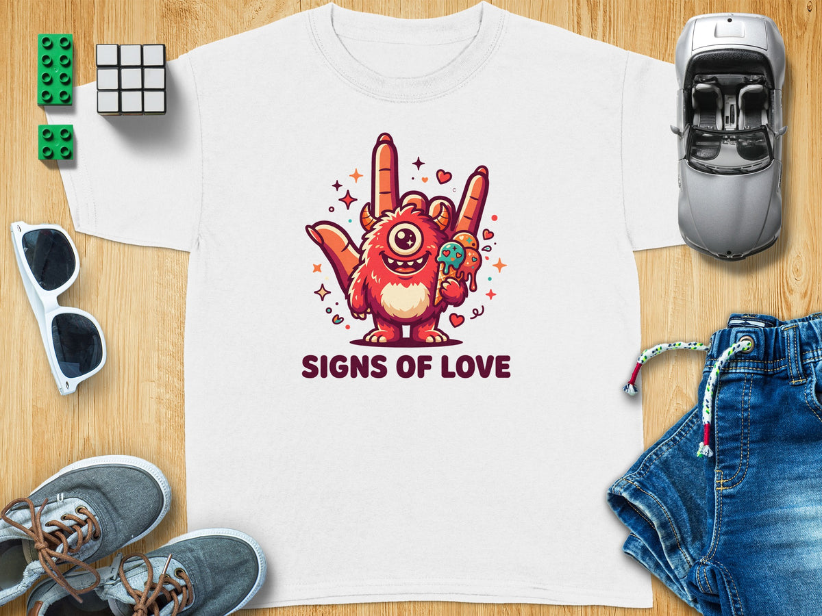 White t-shirt with a red monster holding ice cream and making rock horns sign, text reads "SIGNS OF LOVE".