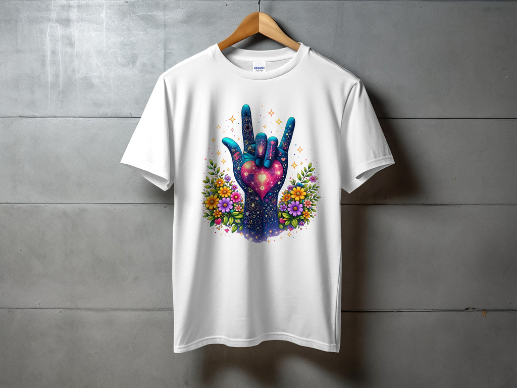 White t-shirt with a cosmic hand making a rock-on sign surrounded by flowers.