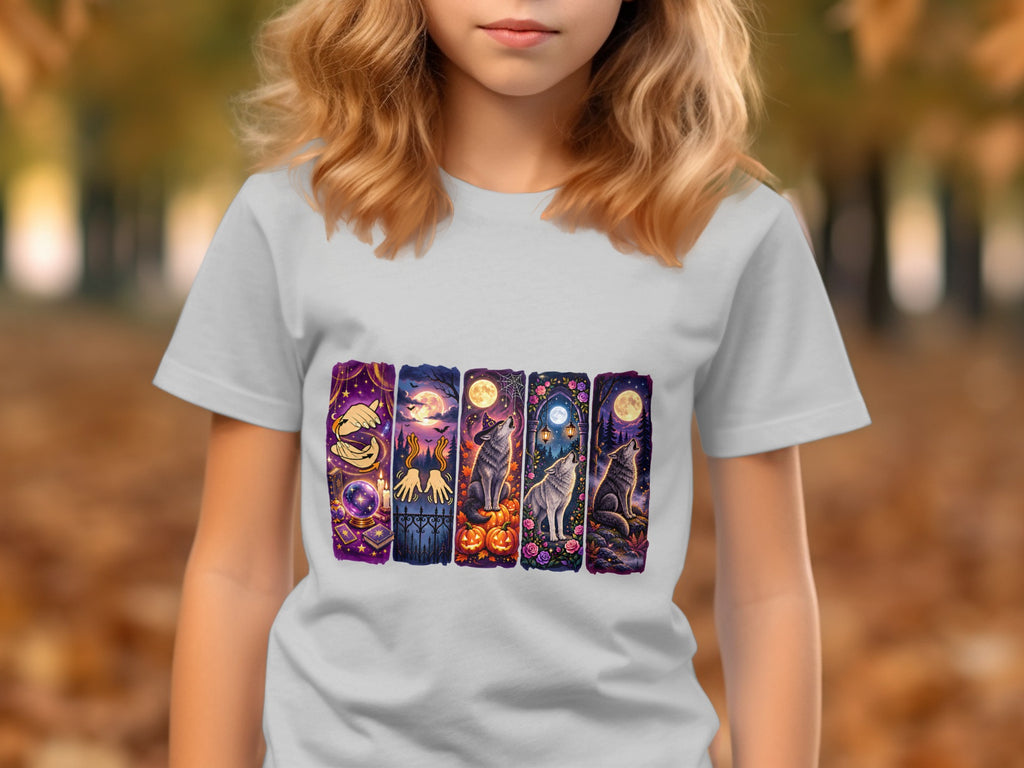 T-shirt with a graphic of five Halloween-themed vertical panels featuring wolves, pumpkins, and mystic elements.