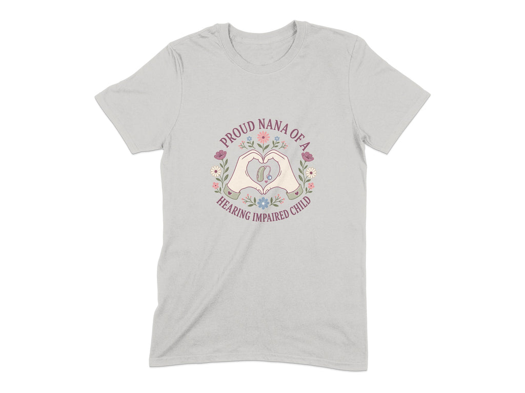Grey t-shirt with a heart shape formed by hands, hearing aid, and flowers.
