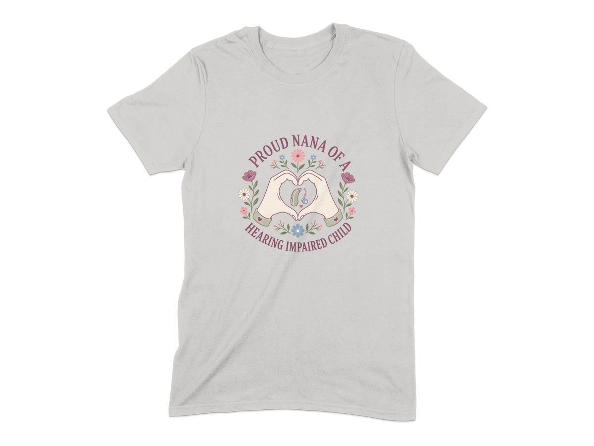 Grey t-shirt with a heart shape formed by hands, hearing aid, and flowers.