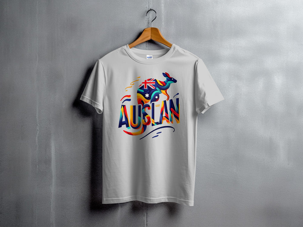 White t-shirt with colorful kangaroo and "AUSLAN" text.