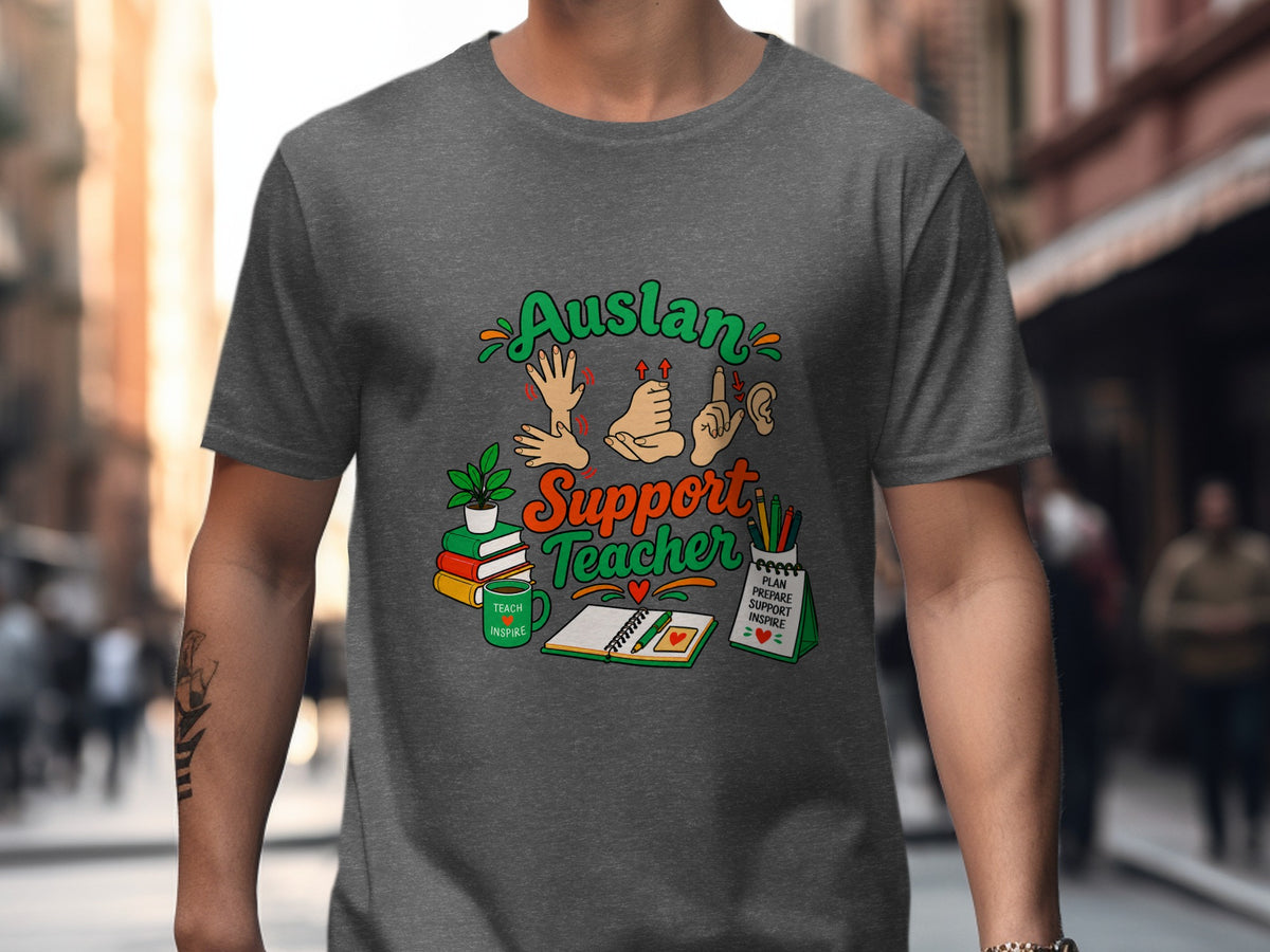 Auslan Support Teacher graphic with sign language hands, books, and notebook.