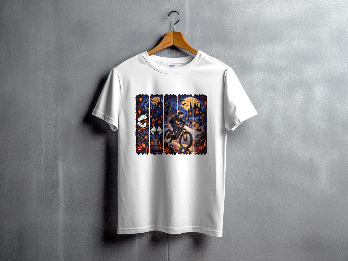 White t-shirt with a Halloween-themed graphic featuring a person on a bike.
