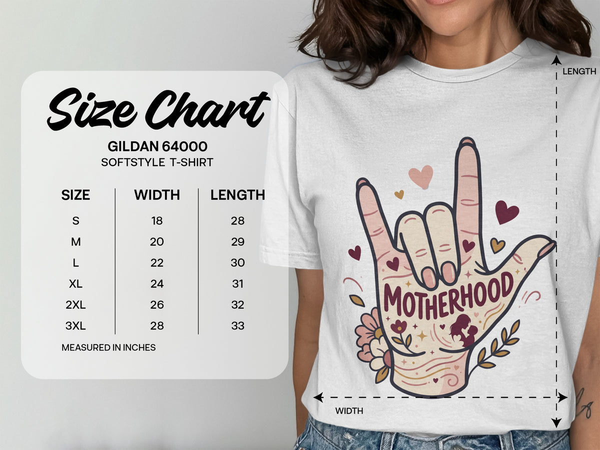 Gildan 64000 softstyle t-shirt size chart in inches.