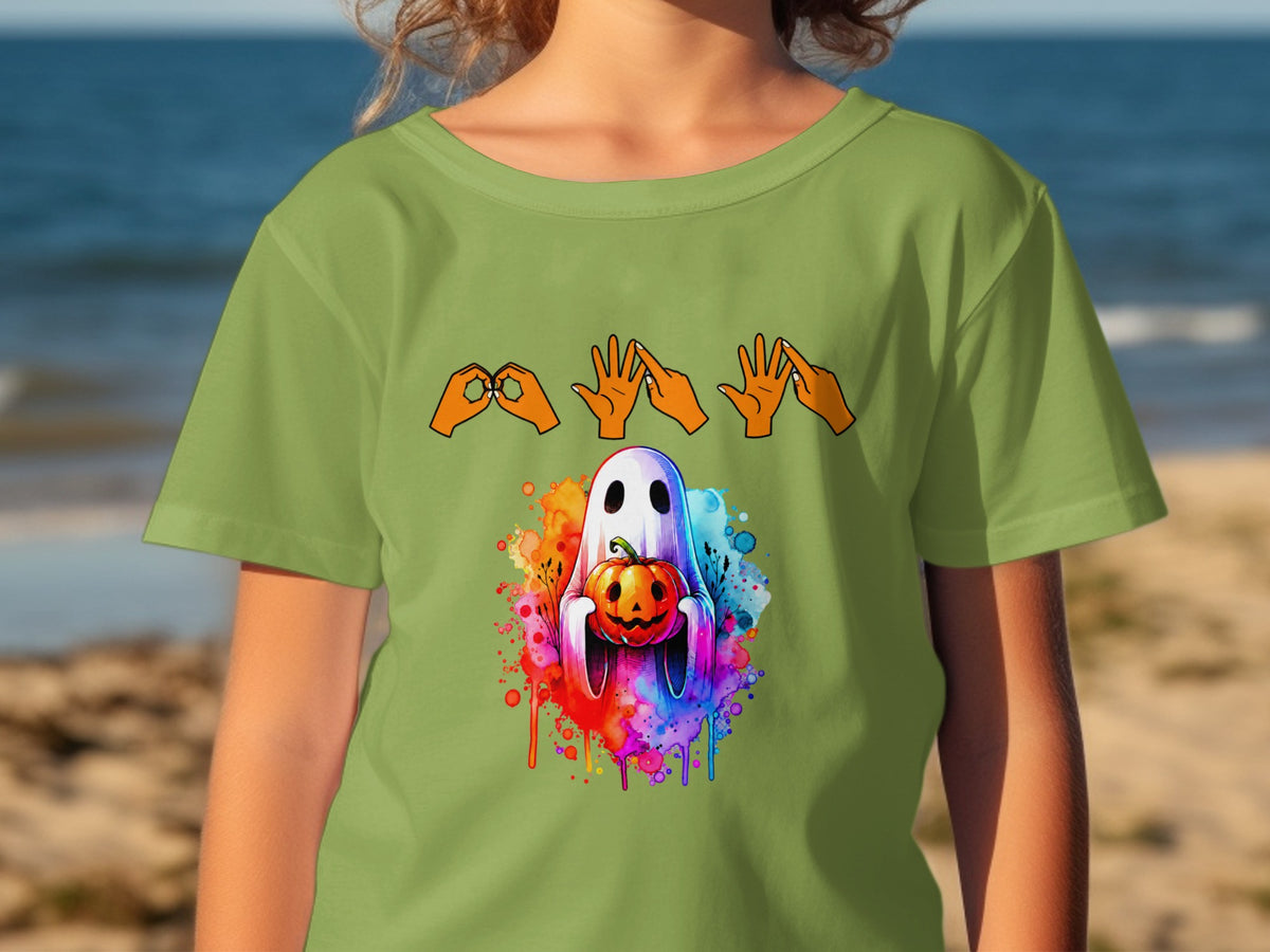 Ghost holding pumpkin on a shirt with ASL hand signs for "boo".