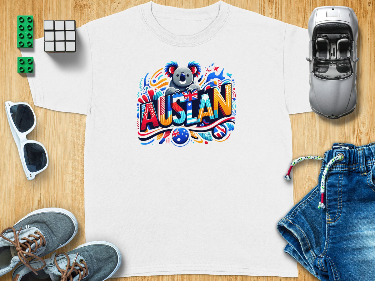 White t-shirt with colorful "Auslan" text and koala graphic.