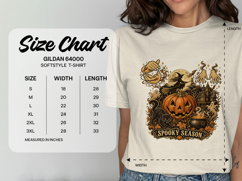 Gildan 64000 softstyle t-shirt size chart with Halloween graphic: "Spooky Season".