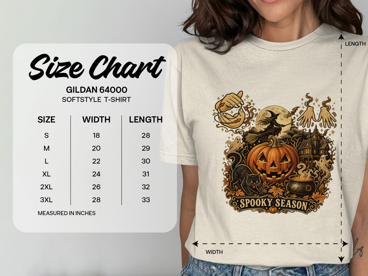 Gildan 64000 softstyle t-shirt size chart with Halloween graphic: "Spooky Season".